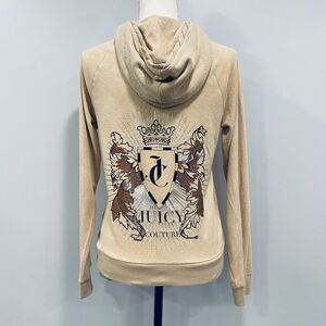 VTG Y2K Juicy Couture M Tan Rhinestone Velour Hoodie Track Jacket Sparkle Art